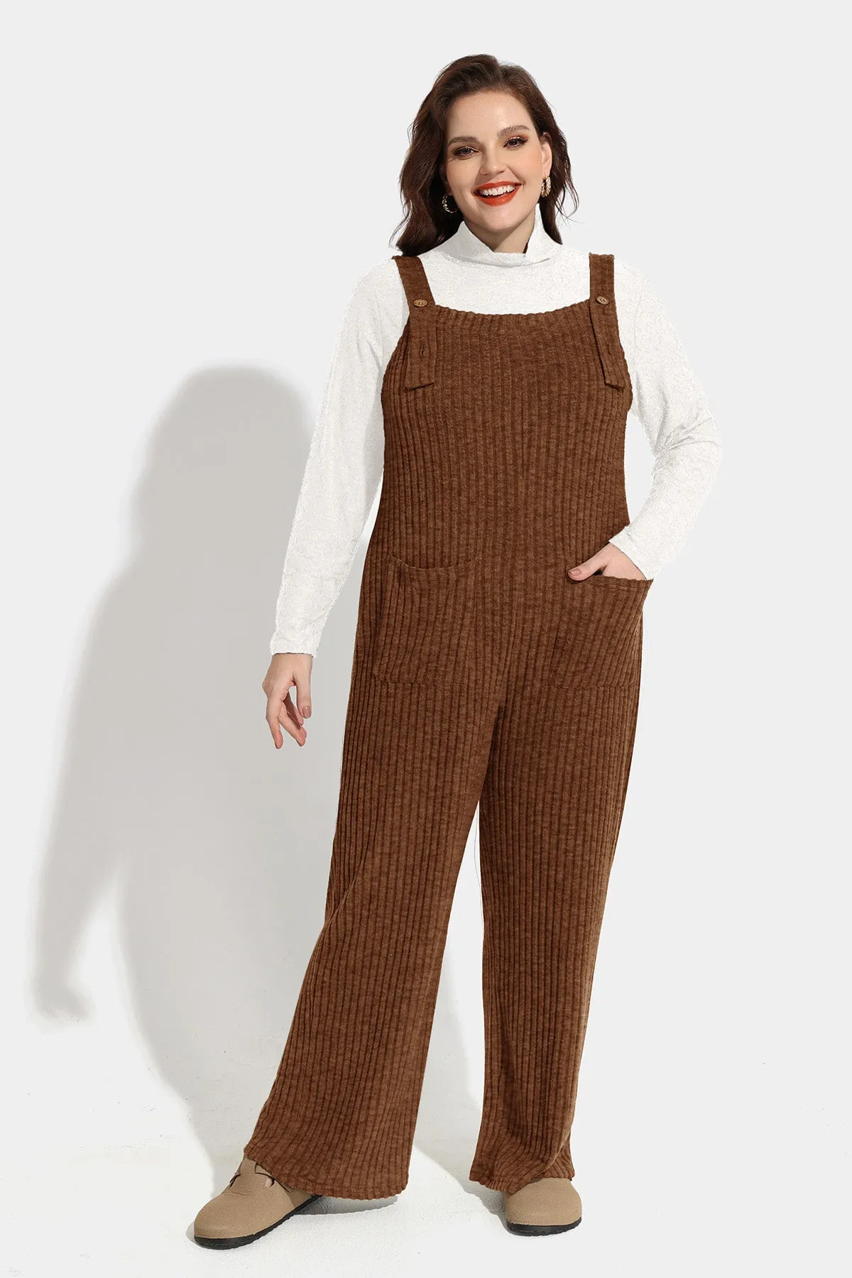 Solid Adjustable Straps Wide Leg Pocket Knit Jumpsuit