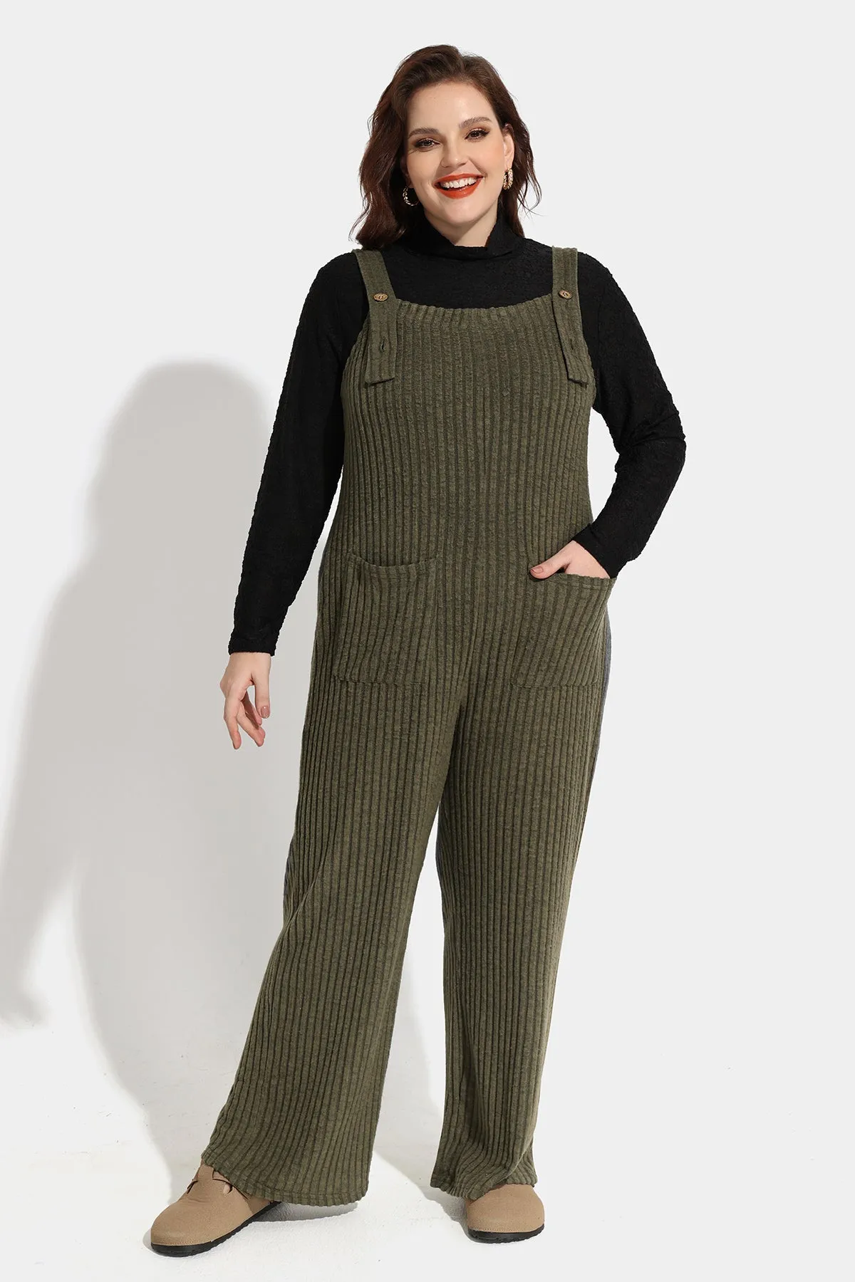 Solid Adjustable Straps Wide Leg Pocket Knit Jumpsuit