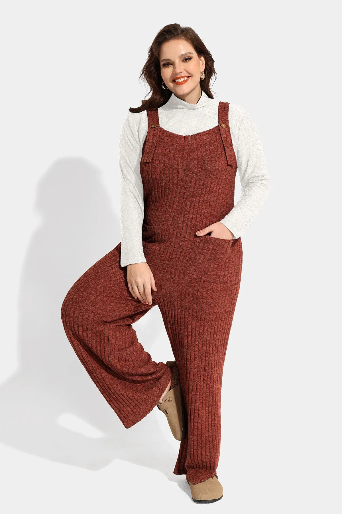 Solid Adjustable Straps Wide Leg Pocket Knit Jumpsuit