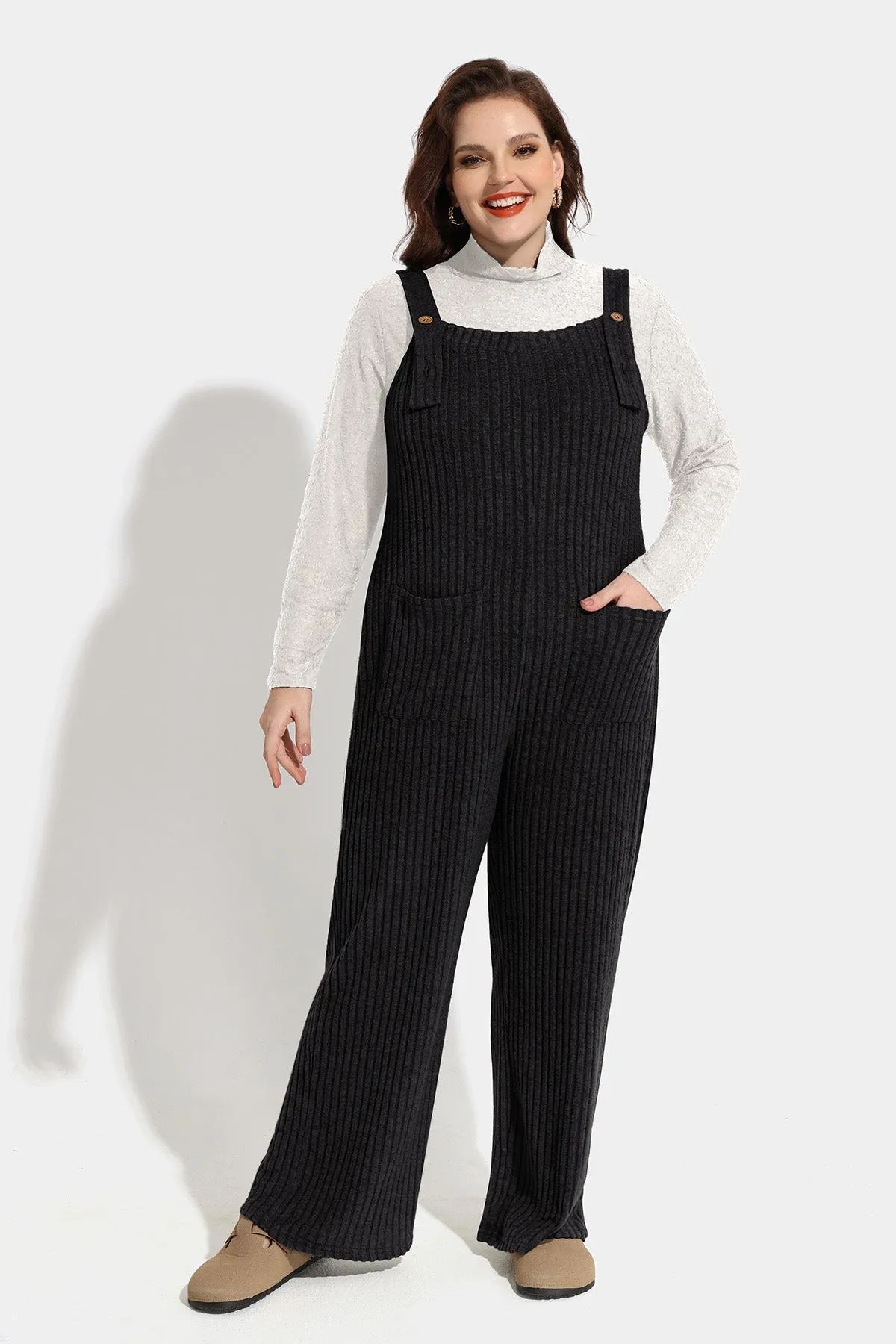 Solid Adjustable Straps Wide Leg Pocket Knit Jumpsuit