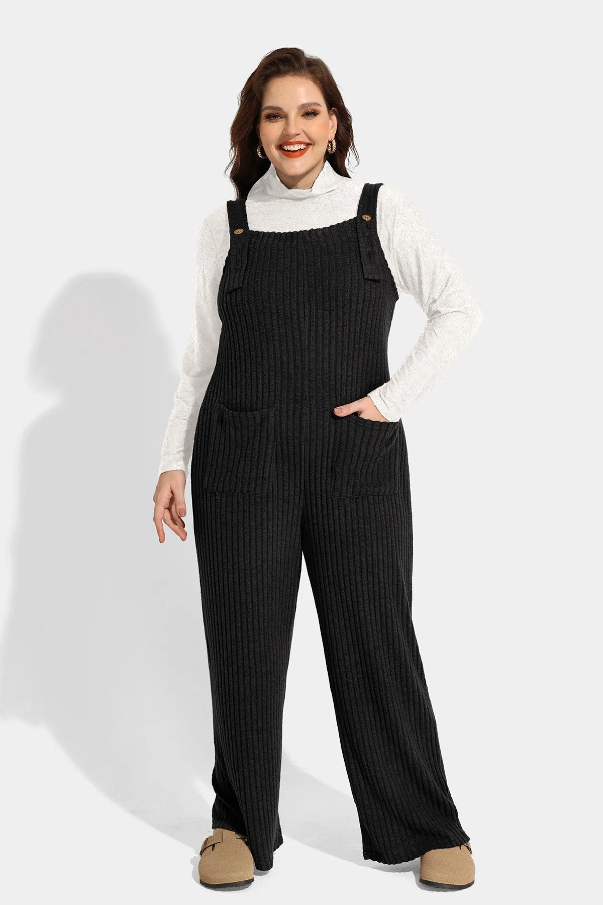 Solid Adjustable Straps Wide Leg Pocket Knit Jumpsuit