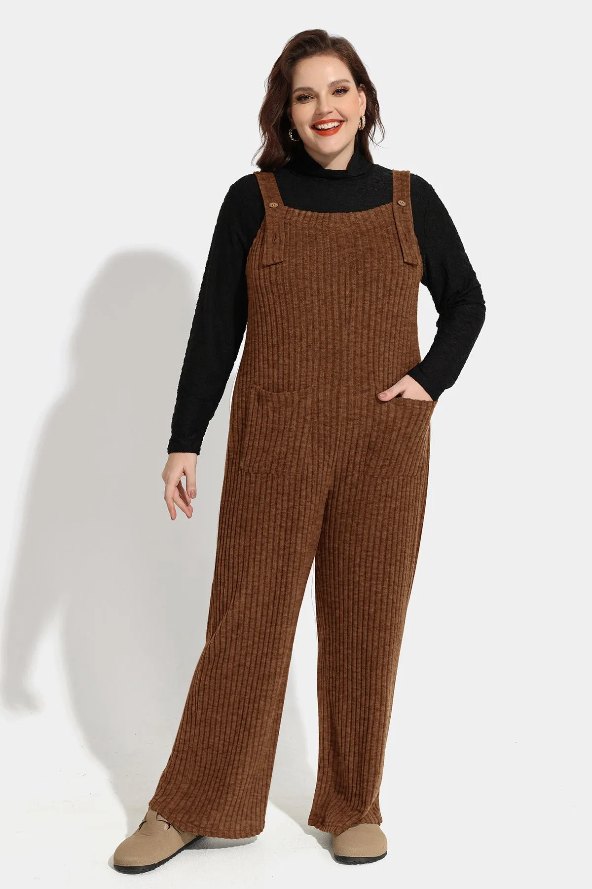 Solid Adjustable Straps Wide Leg Pocket Knit Jumpsuit