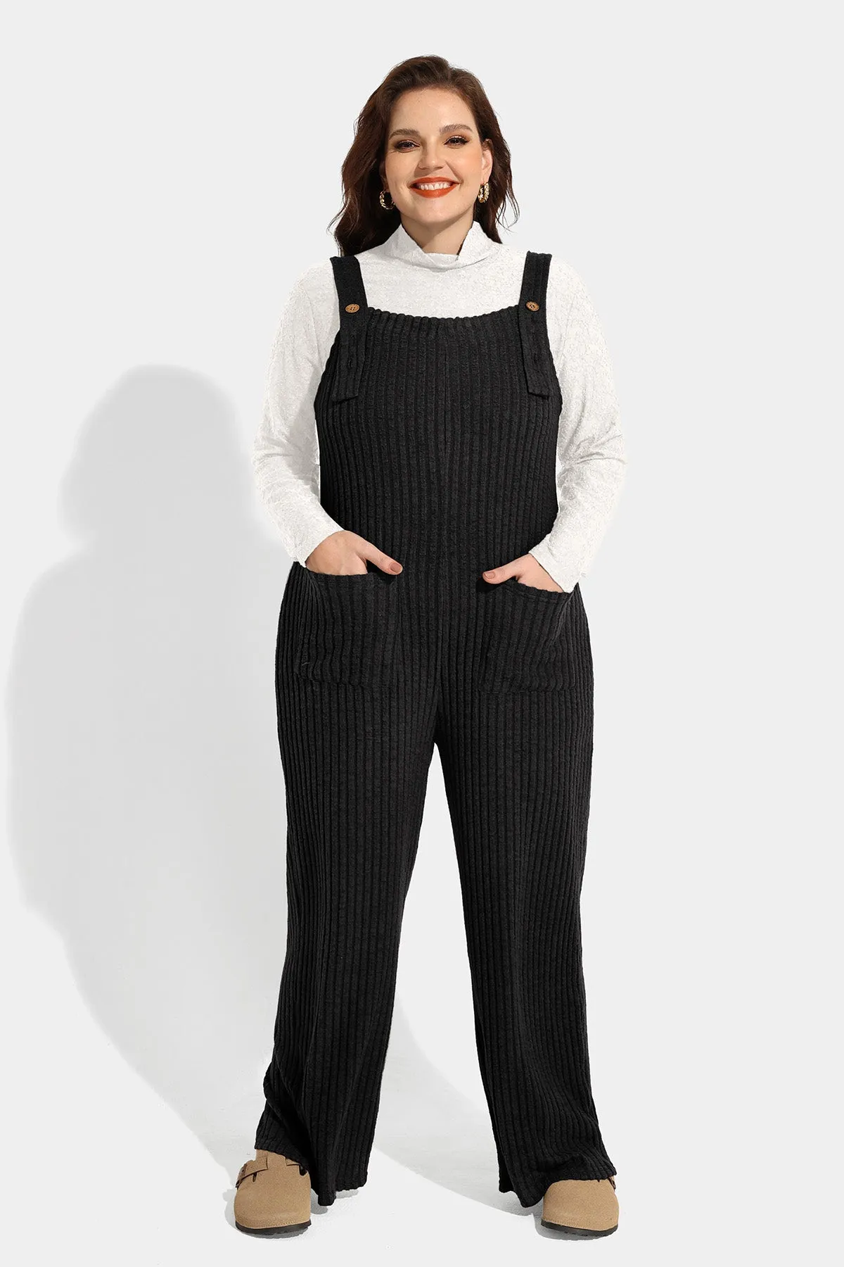 Solid Adjustable Straps Wide Leg Pocket Knit Jumpsuit