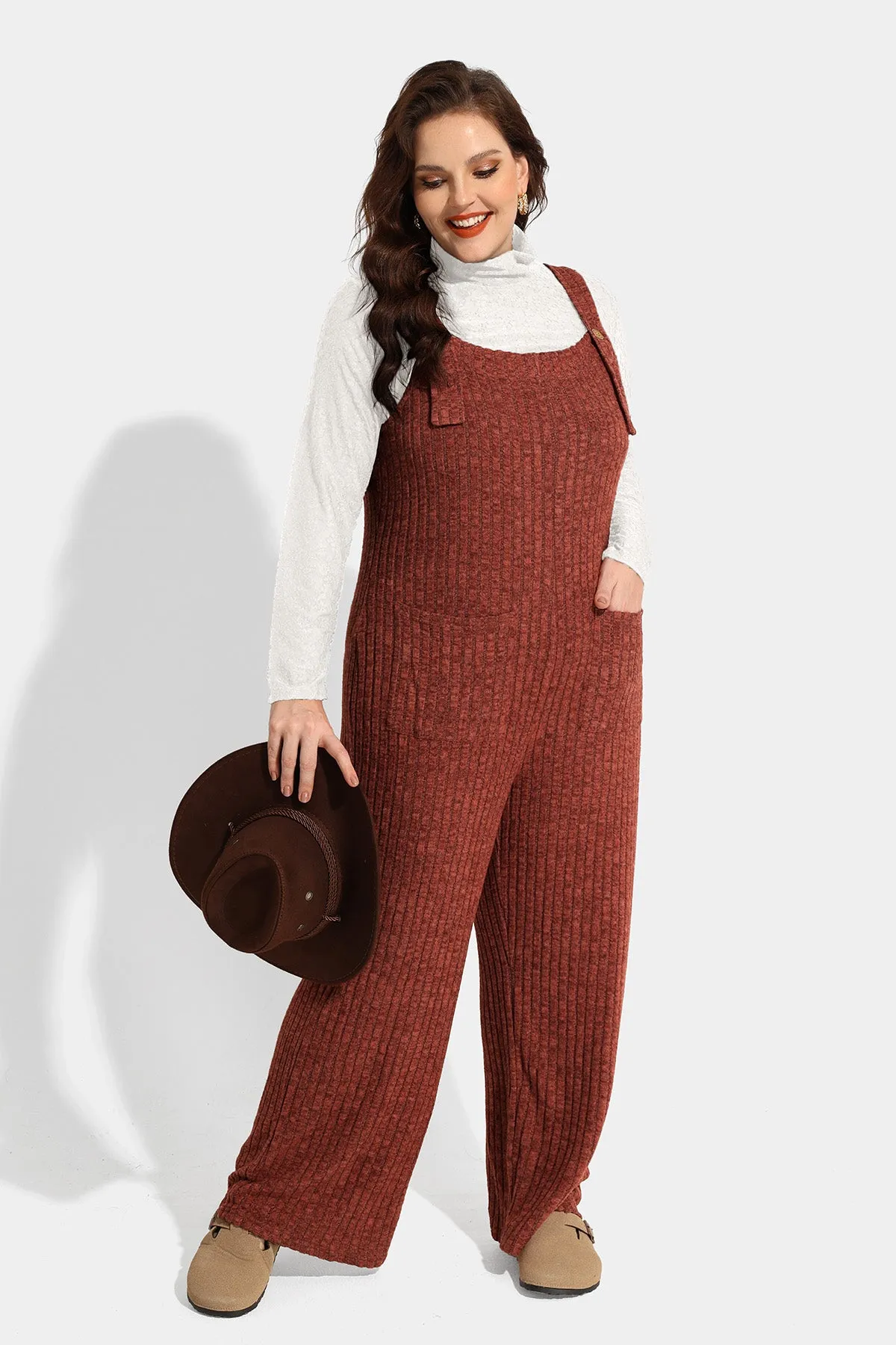 Solid Adjustable Straps Wide Leg Pocket Knit Jumpsuit