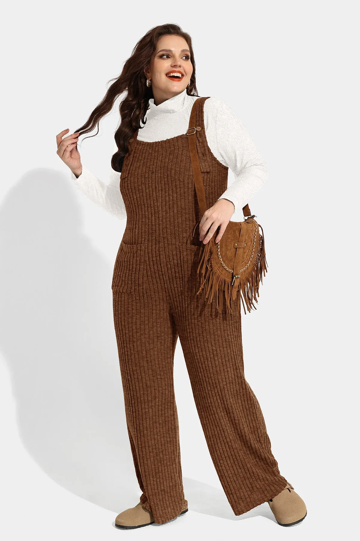 Solid Adjustable Straps Wide Leg Pocket Knit Jumpsuit