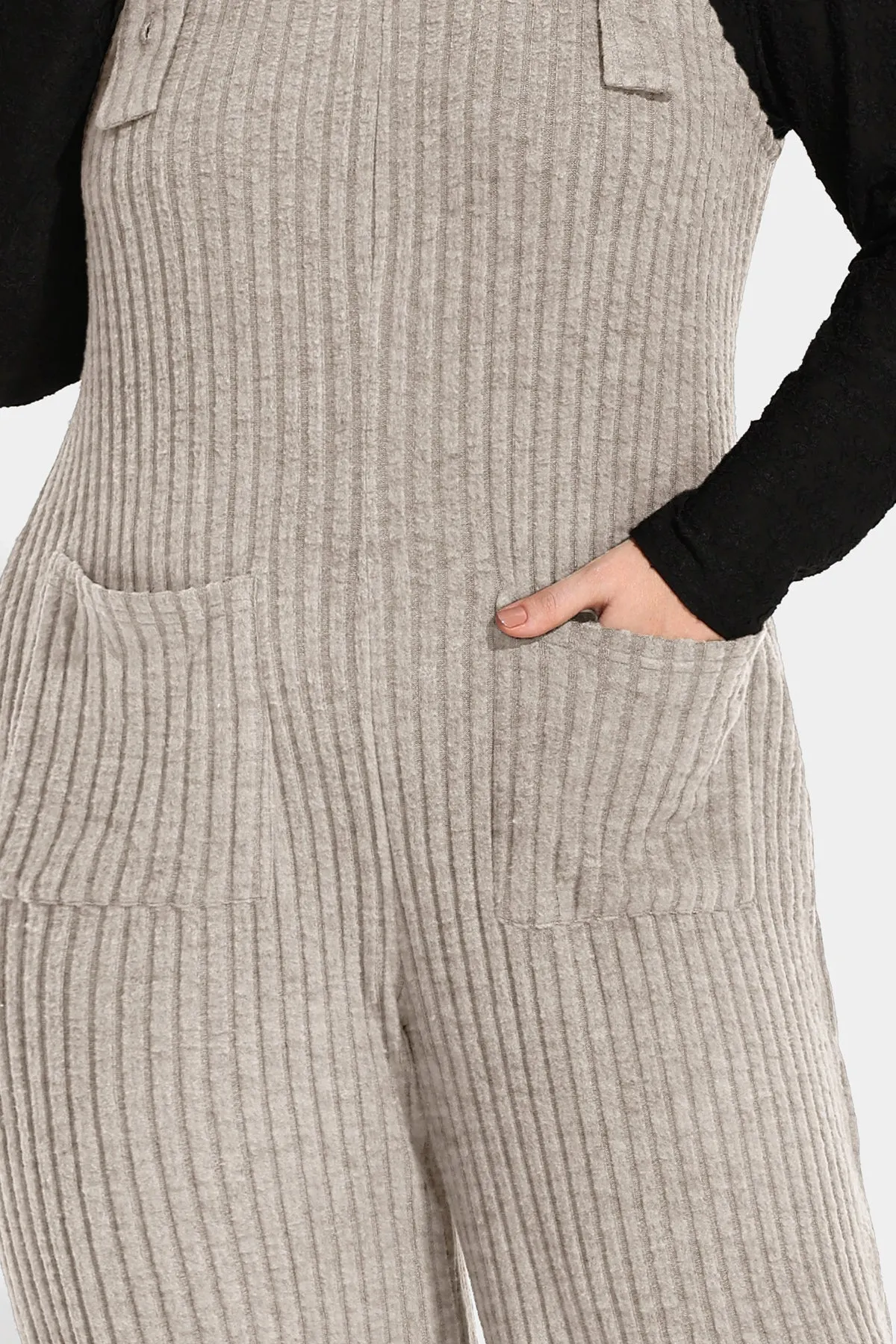 Solid Adjustable Straps Wide Leg Pocket Knit Jumpsuit