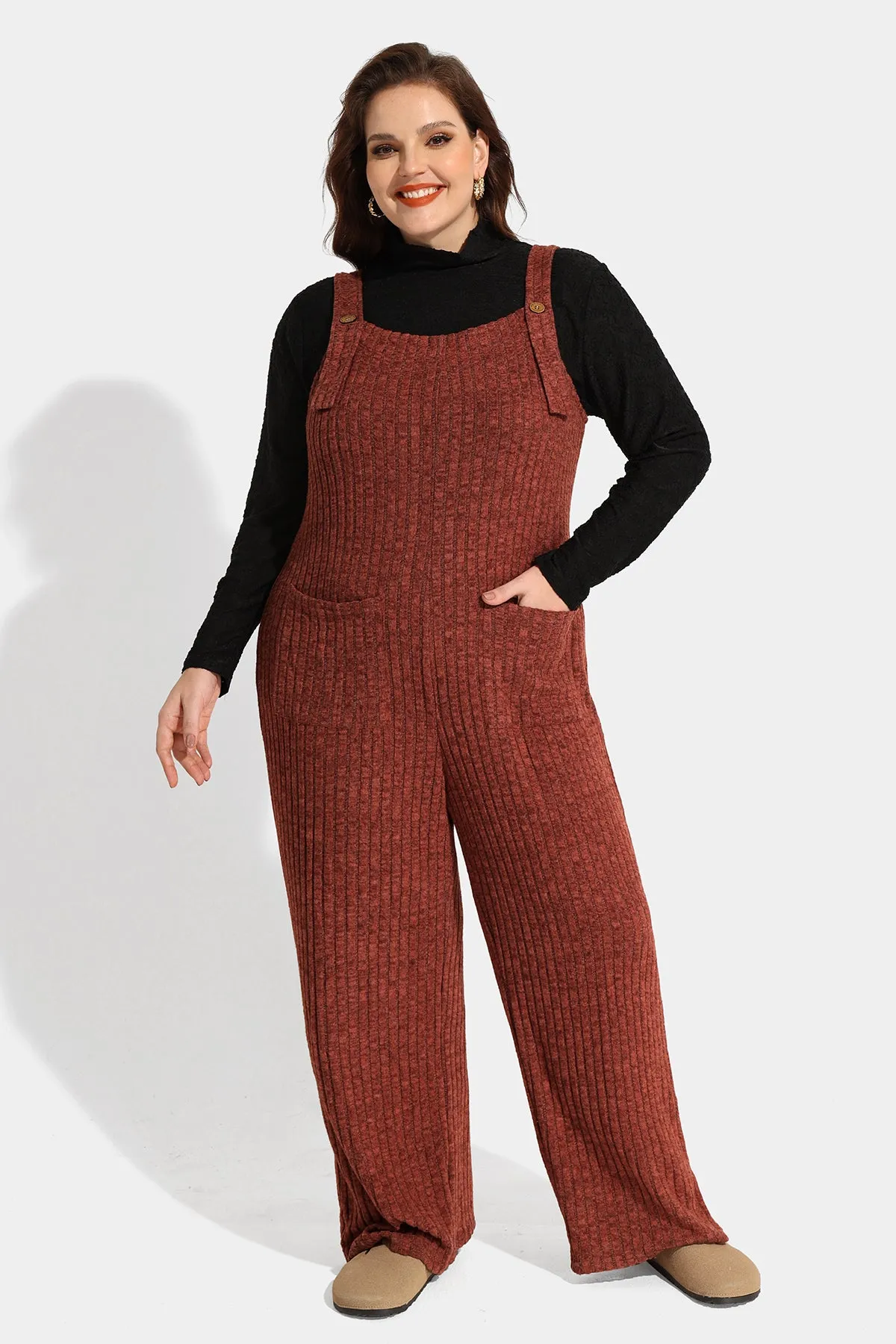 Solid Adjustable Straps Wide Leg Pocket Knit Jumpsuit