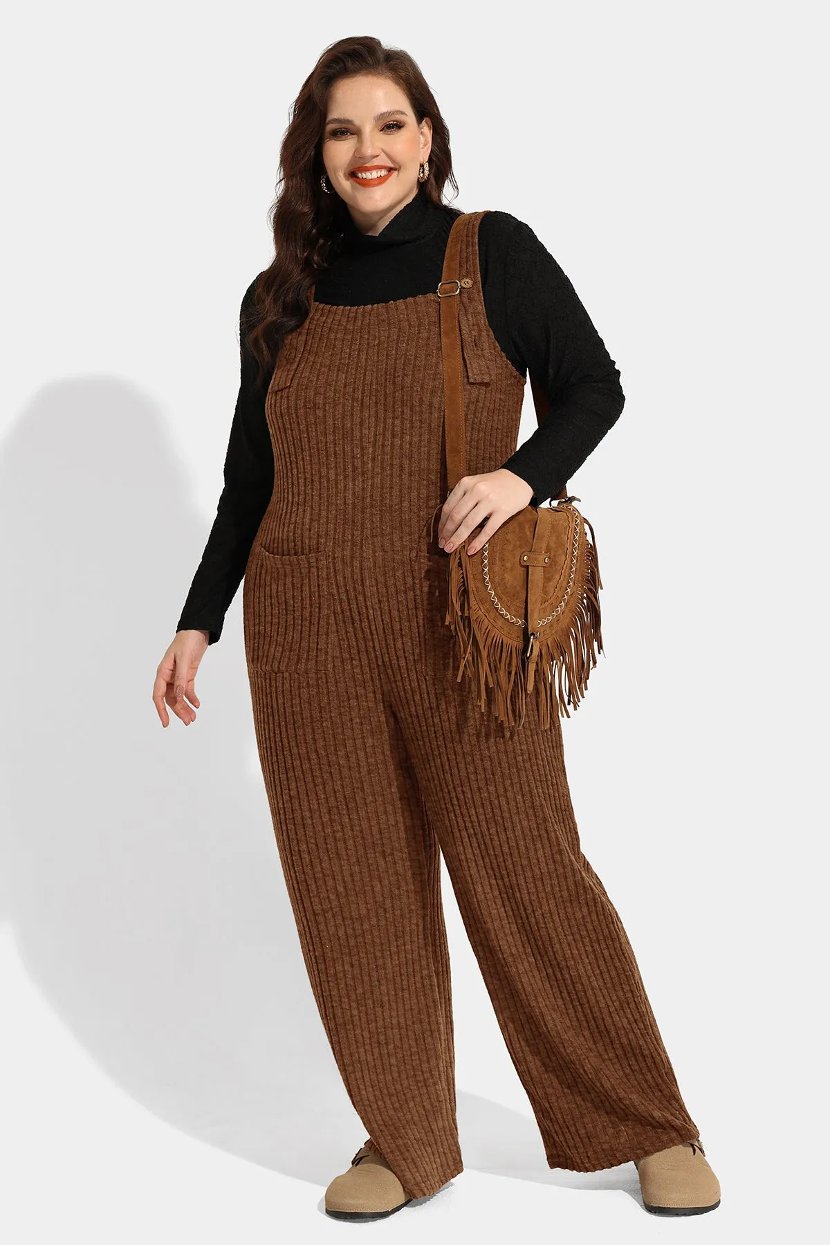 Solid Adjustable Straps Wide Leg Pocket Knit Jumpsuit