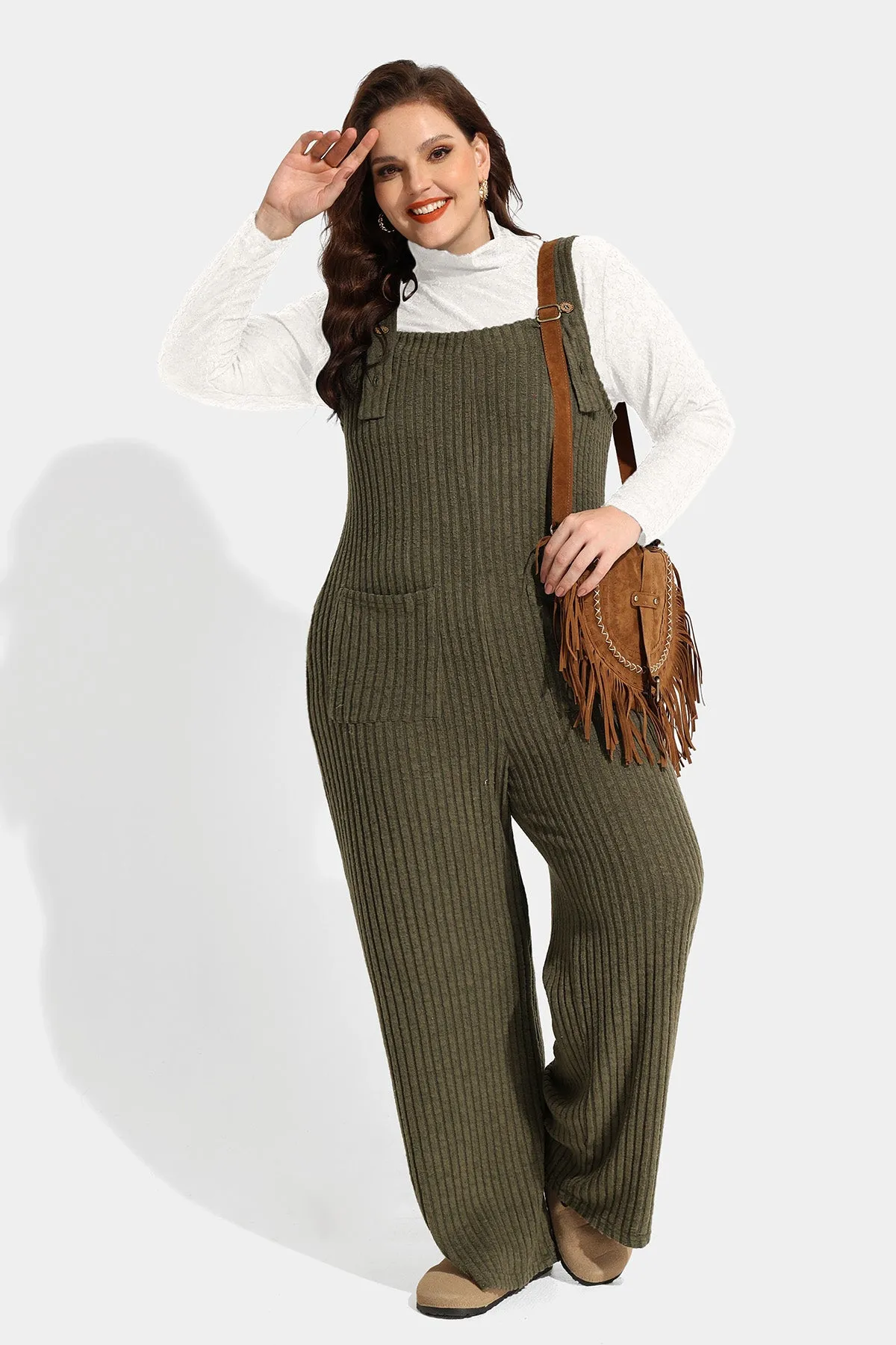 Solid Adjustable Straps Wide Leg Pocket Knit Jumpsuit