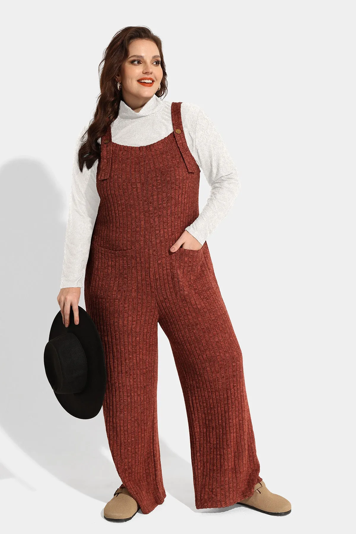 Solid Adjustable Straps Wide Leg Pocket Knit Jumpsuit