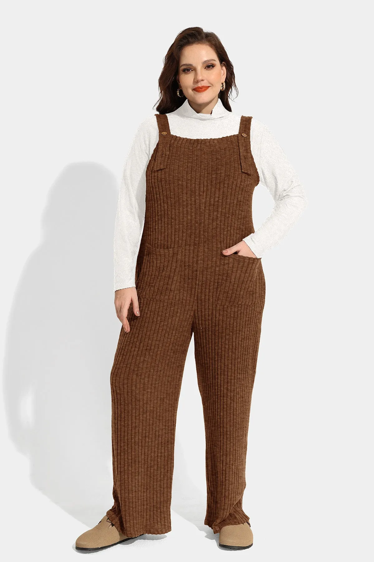 Solid Adjustable Straps Wide Leg Pocket Knit Jumpsuit