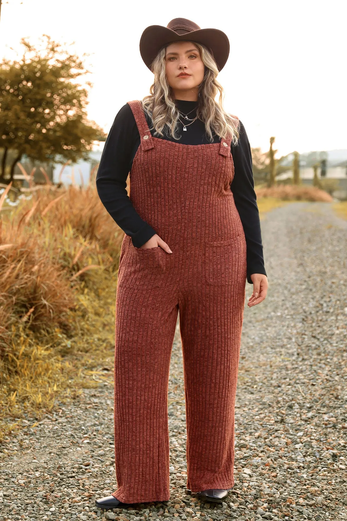 Solid Adjustable Straps Wide Leg Pocket Knit Jumpsuit