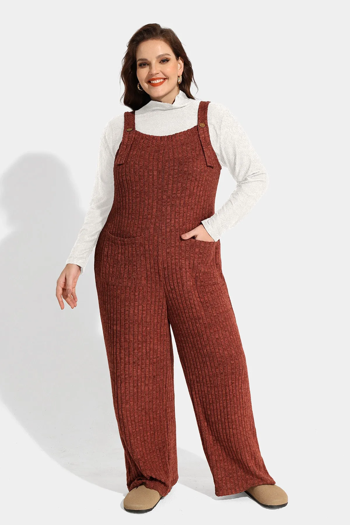 Solid Adjustable Straps Wide Leg Pocket Knit Jumpsuit