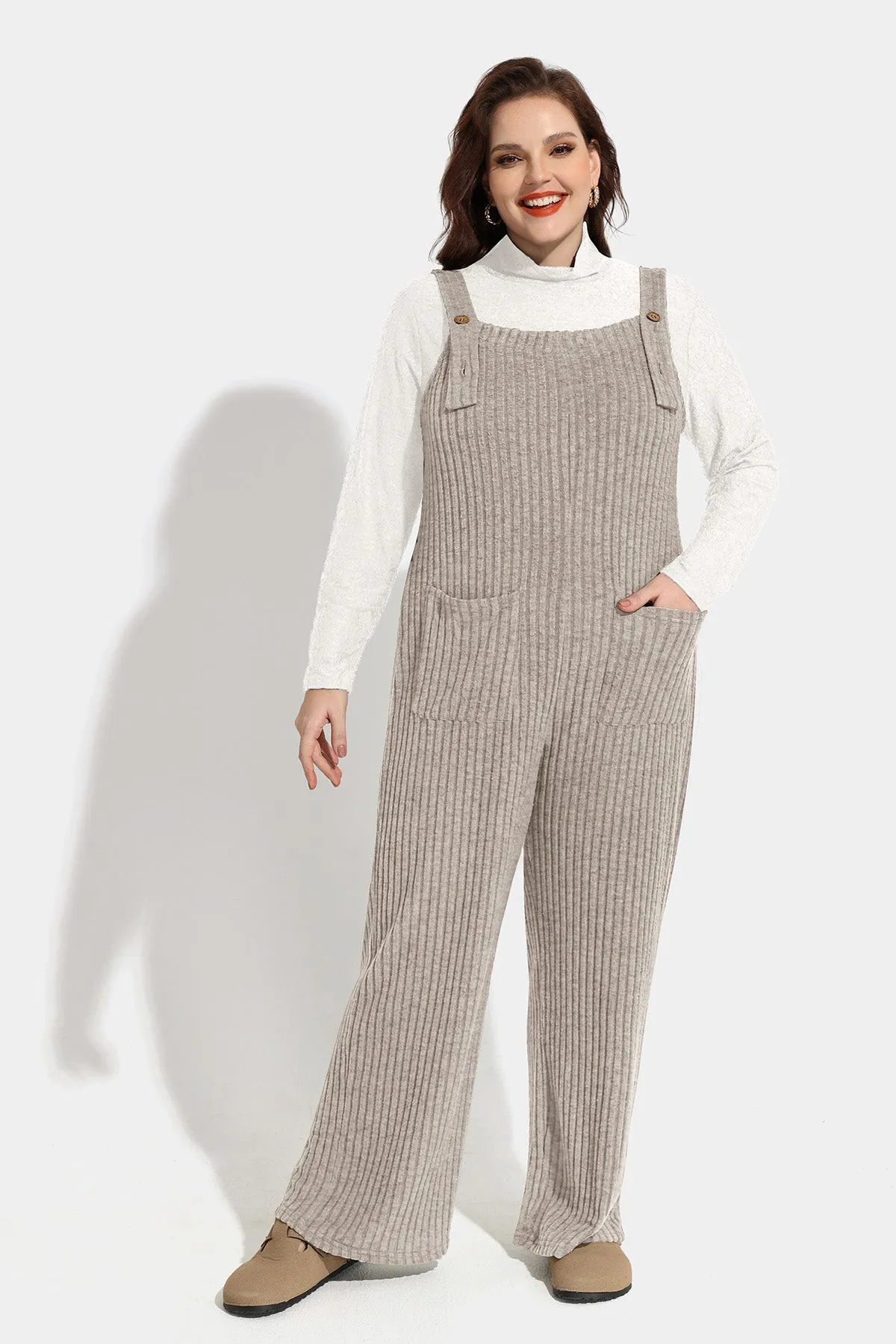 Solid Adjustable Straps Wide Leg Pocket Knit Jumpsuit