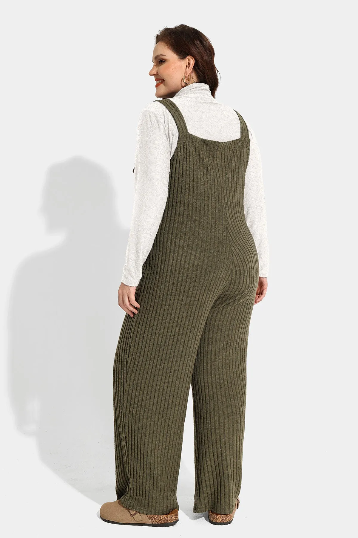 Solid Adjustable Straps Wide Leg Pocket Knit Jumpsuit