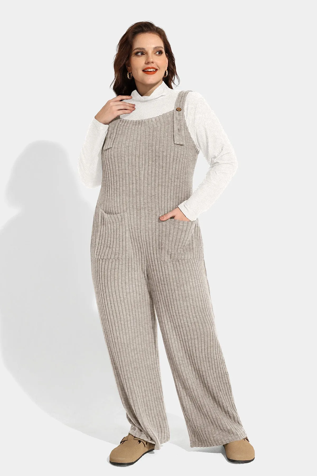 Solid Adjustable Straps Wide Leg Pocket Knit Jumpsuit