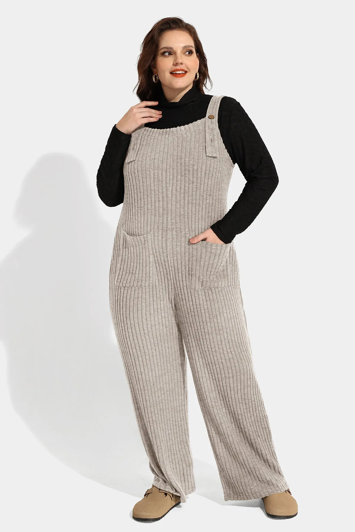 Solid Adjustable Straps Wide Leg Pocket Knit Jumpsuit