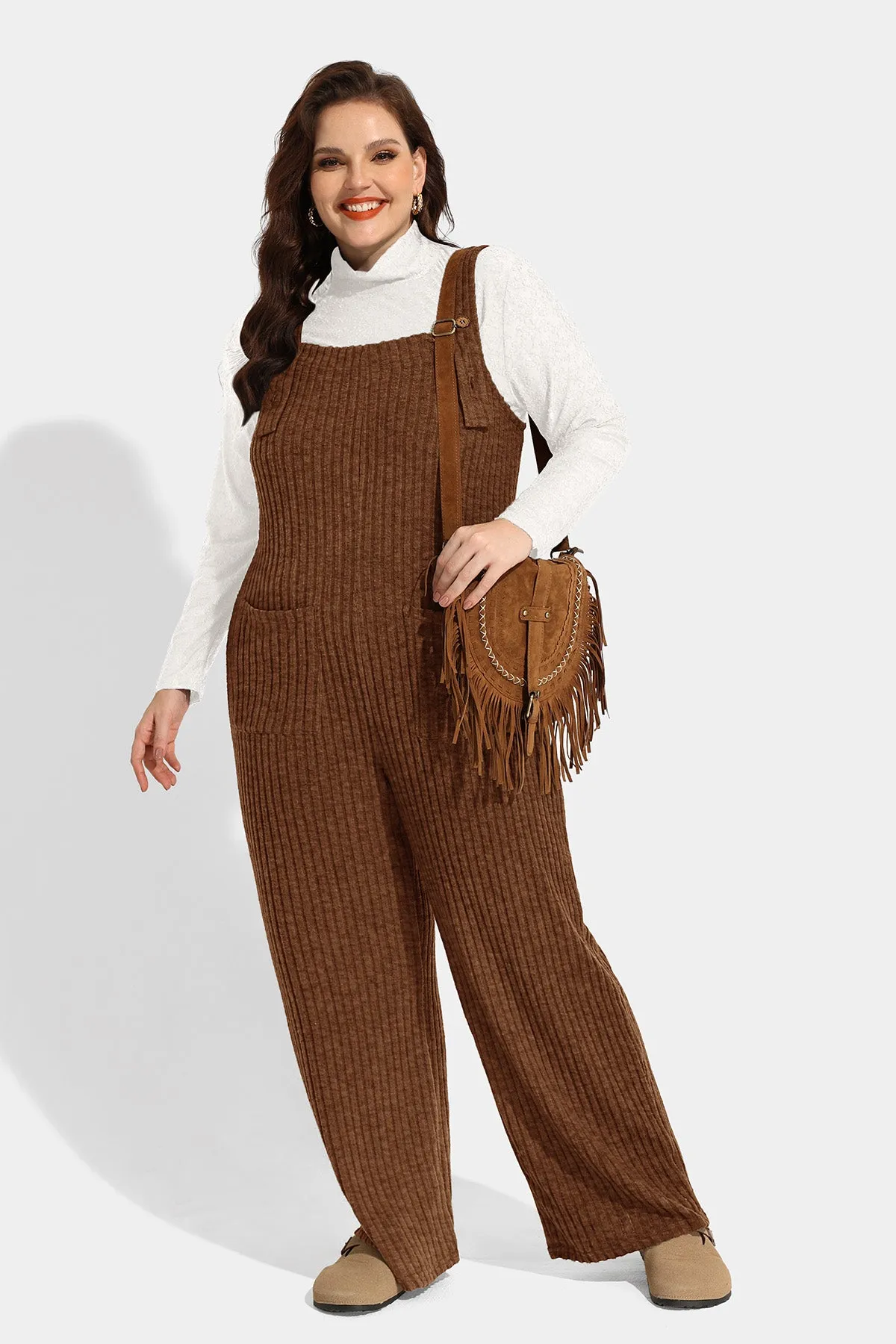 Solid Adjustable Straps Wide Leg Pocket Knit Jumpsuit