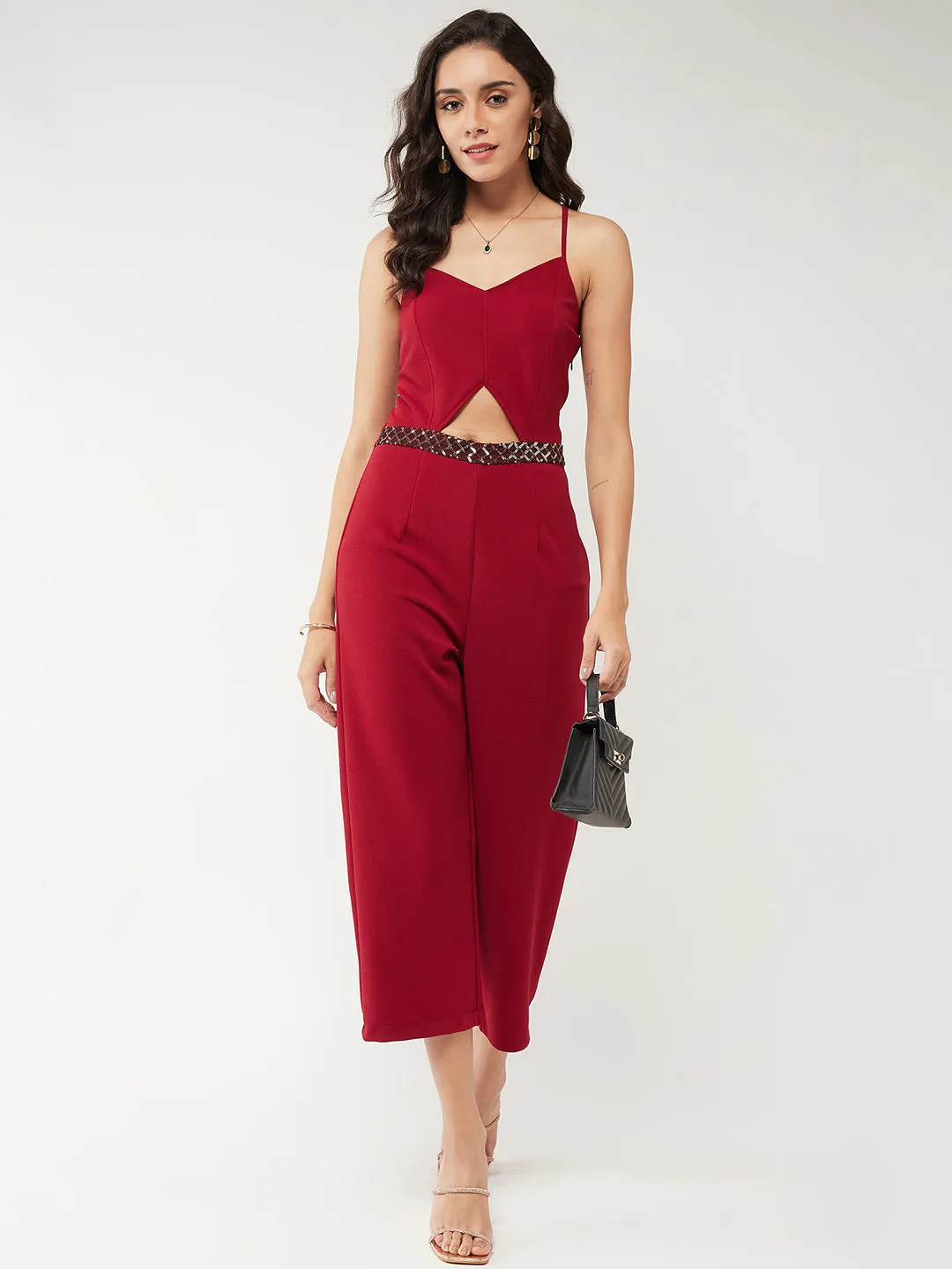 Solid Strappy Sequin Detail Jumpsuit