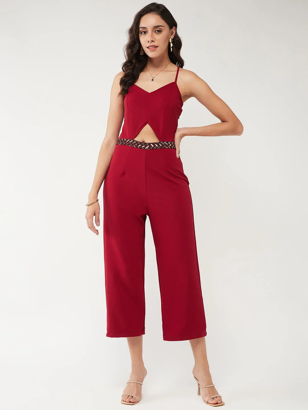 Solid Strappy Sequin Detail Jumpsuit