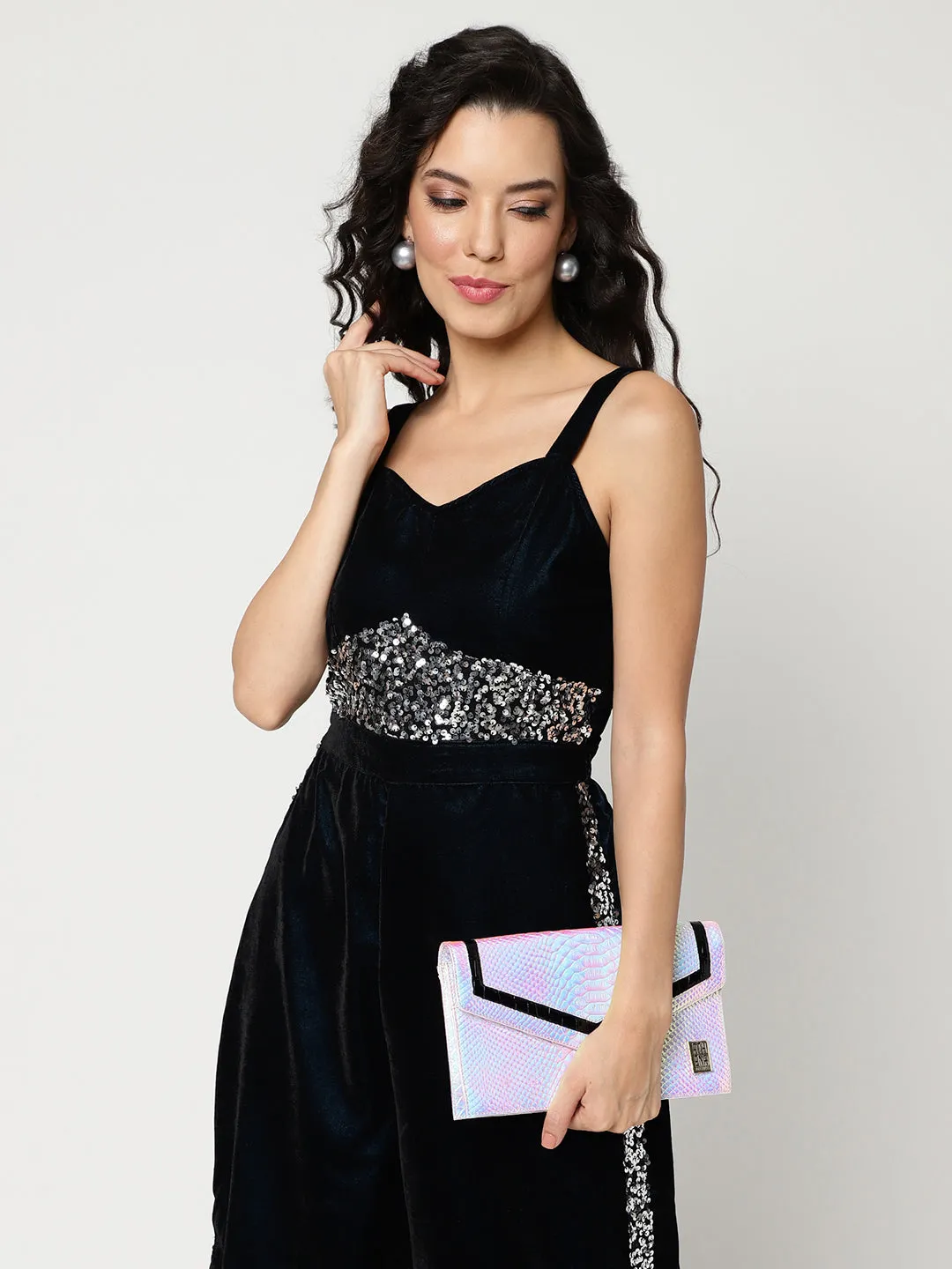 Solid Velvet Jumpsuit With Sequin Patch