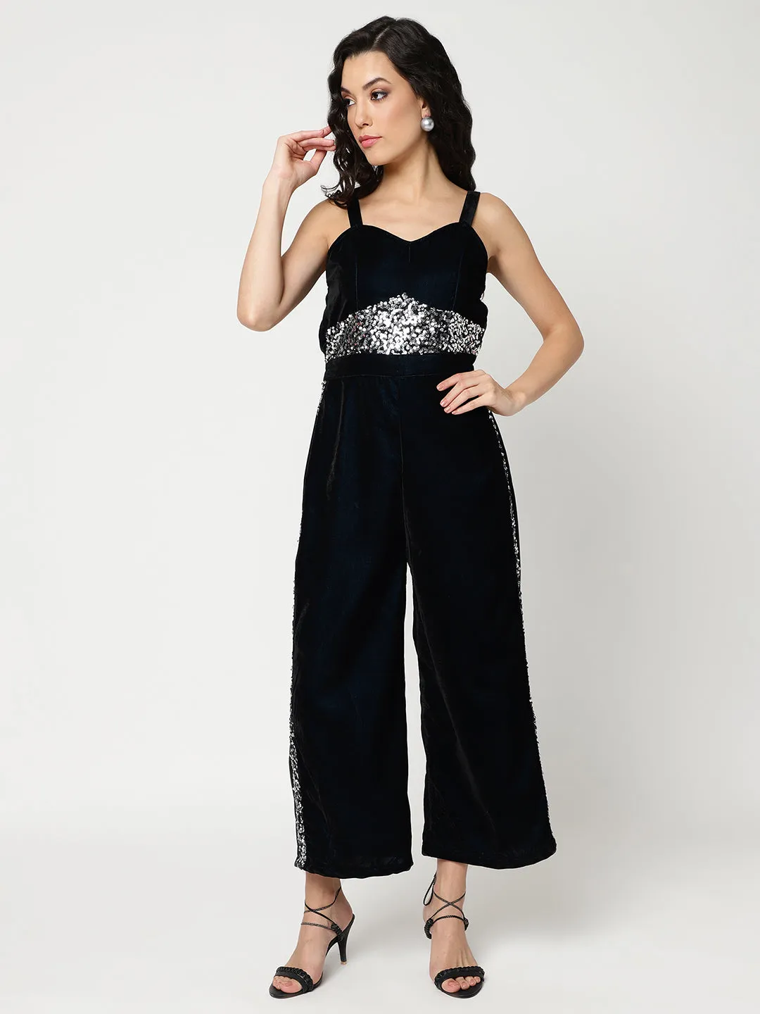 Solid Velvet Jumpsuit With Sequin Patch