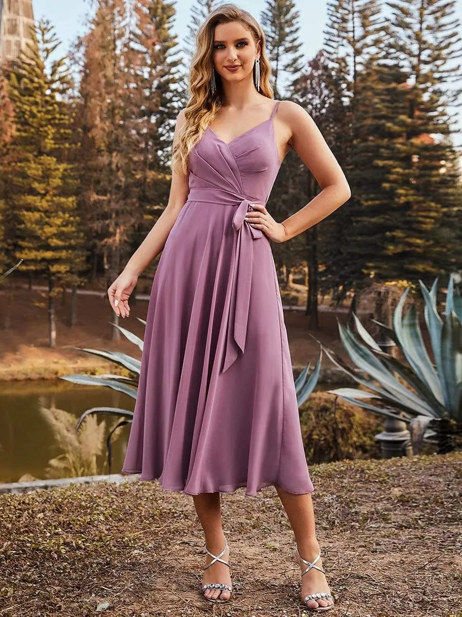 Spaghetti Strap V Neck Belted Chiffon Bridesmaid Dress