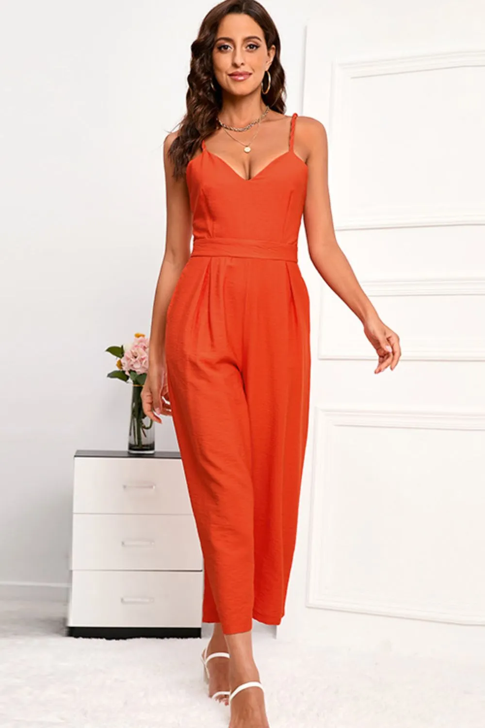 Spaghetti Strap Wide Leg Jumpsuit with Pockets