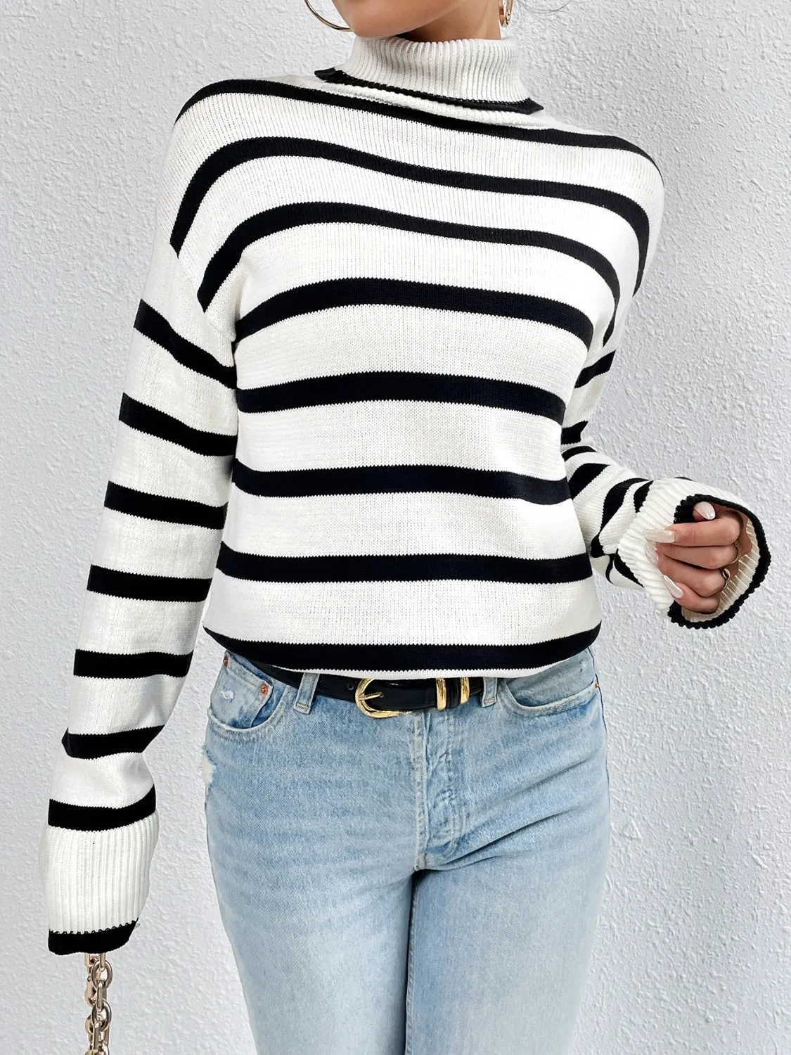 Striped Turtleneck Drop Shoulder Sweater