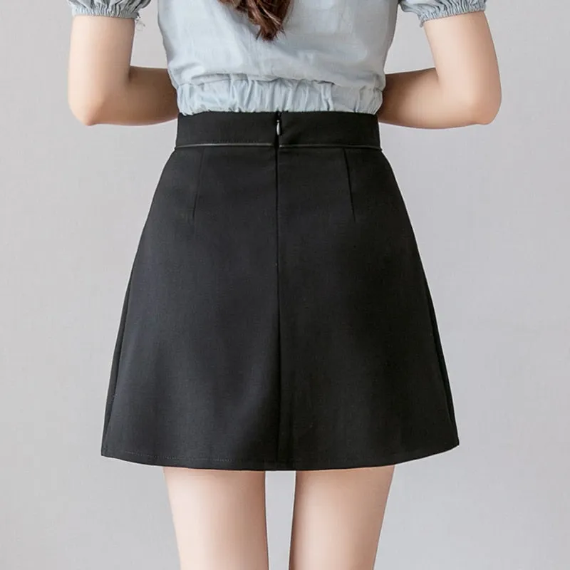 Summer A-line Ladies Pleated Mini Skirts Women High Waisted Double Button Breasted Jupe Femme Slim Black Casual Skirt