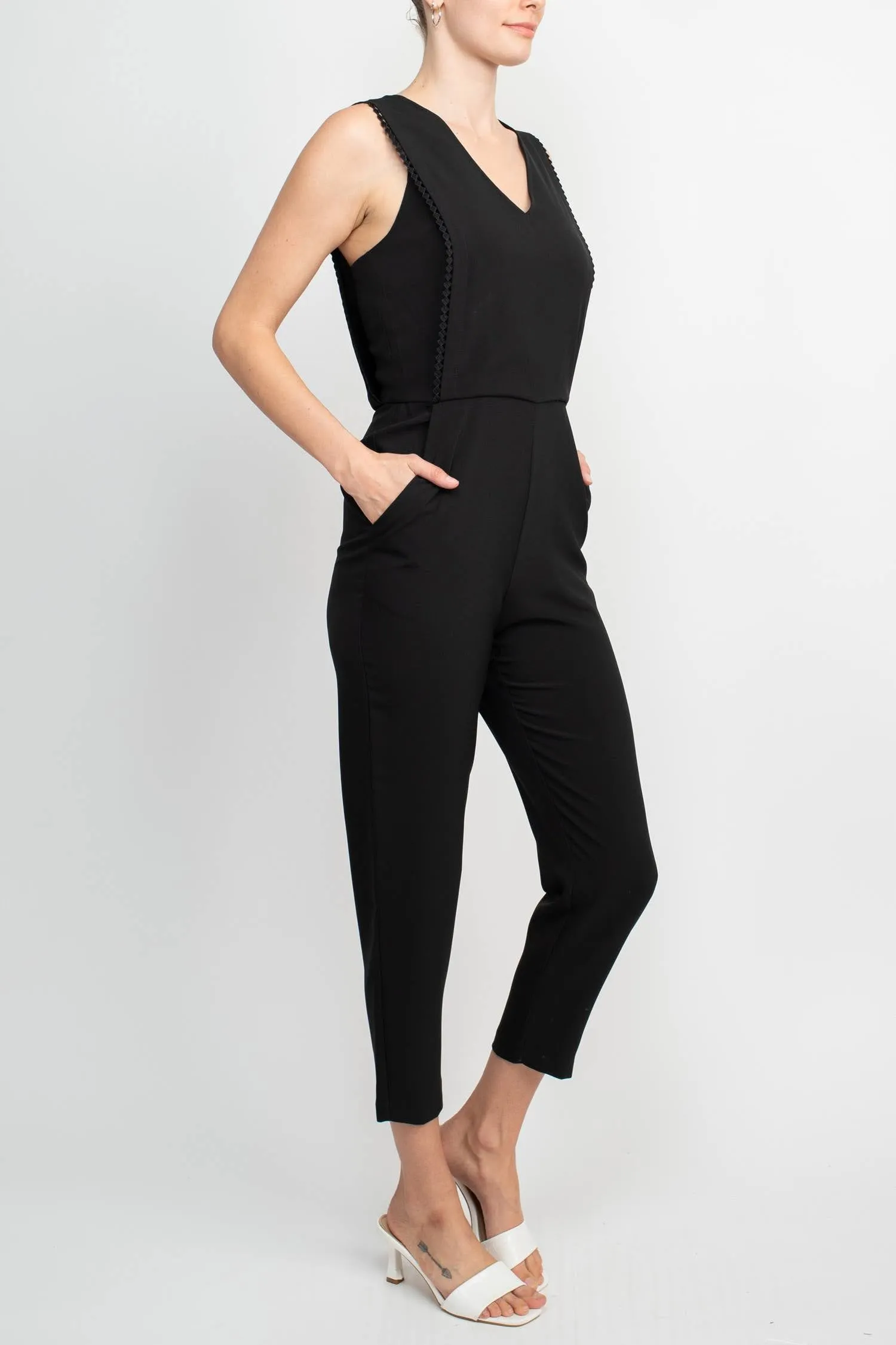 Taylor V-Neck Sleeveless Embellished Keyhole  Zipper Back Solid Crepe Jumpsuit