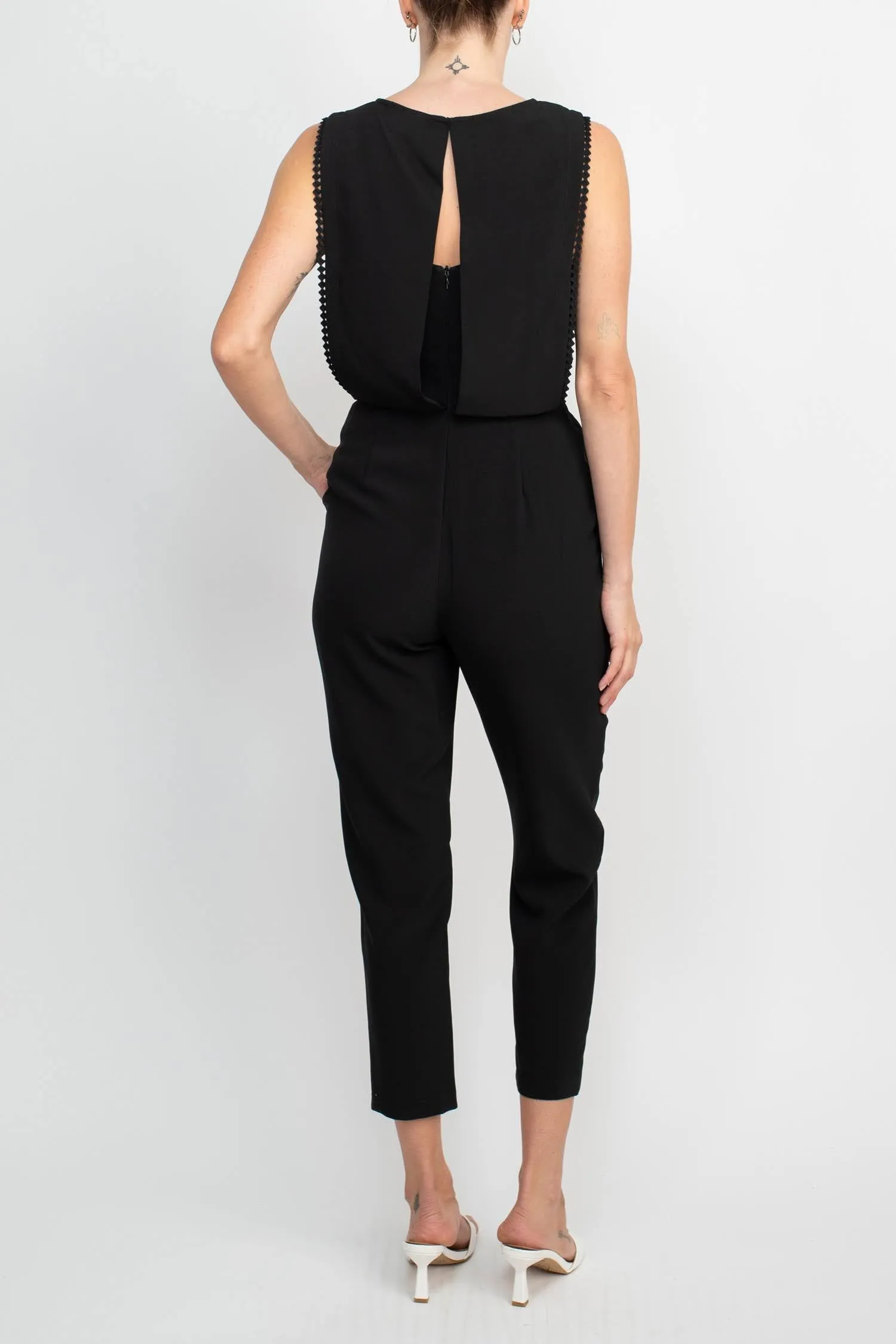 Taylor V-Neck Sleeveless Embellished Keyhole  Zipper Back Solid Crepe Jumpsuit