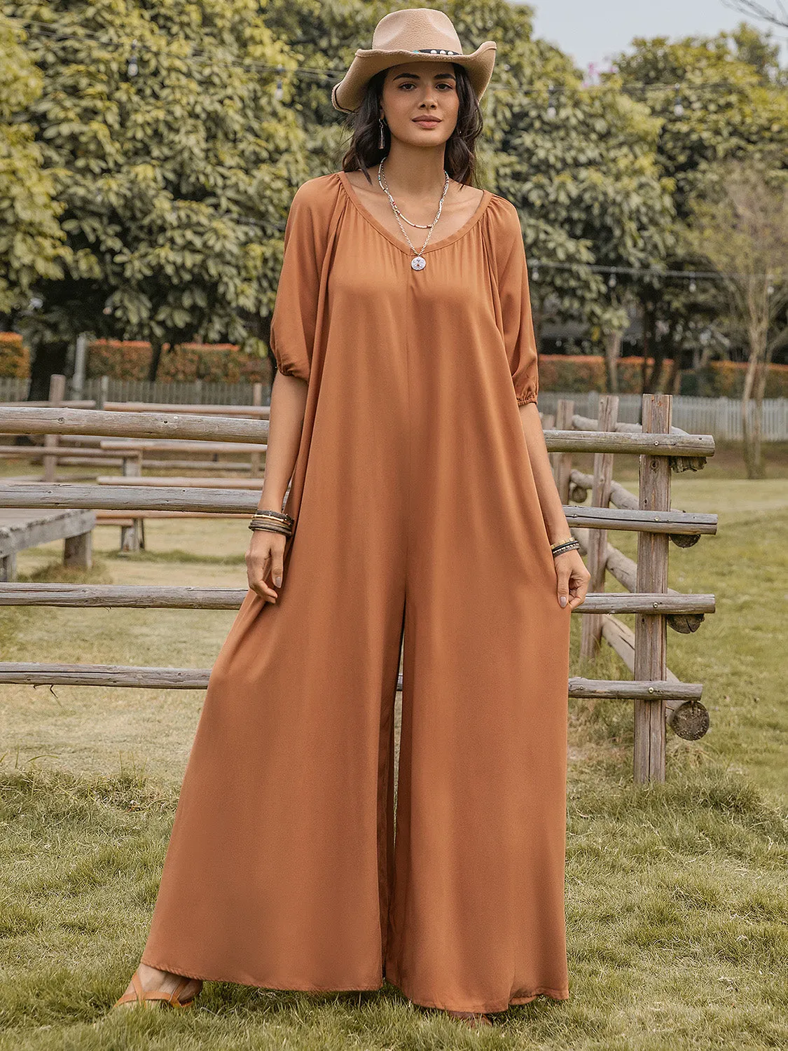 TEEK - Caramel Scoop Neck Half Sleeve Wide Leg Jumpsuit