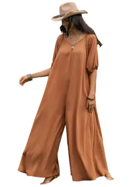 TEEK - Caramel Scoop Neck Half Sleeve Wide Leg Jumpsuit