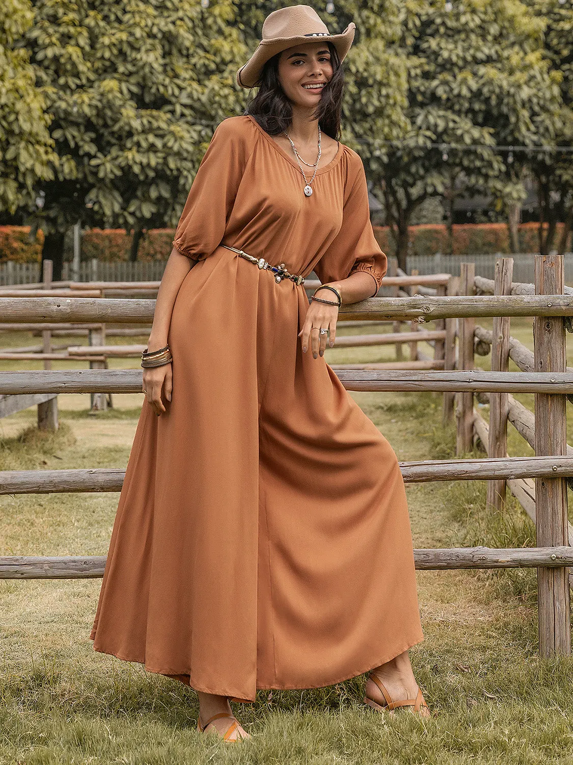 TEEK - Caramel Scoop Neck Half Sleeve Wide Leg Jumpsuit