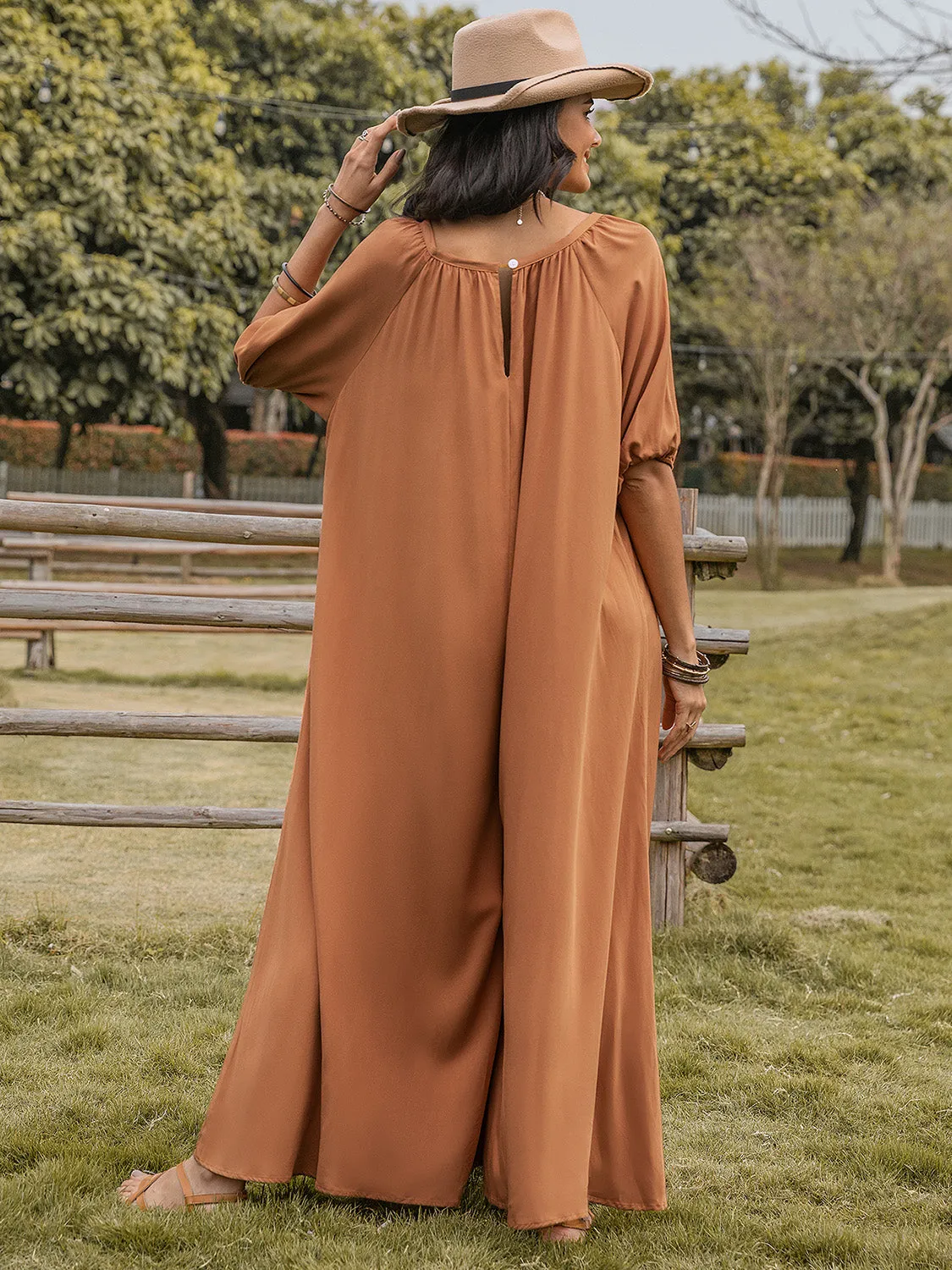 TEEK - Caramel Scoop Neck Half Sleeve Wide Leg Jumpsuit