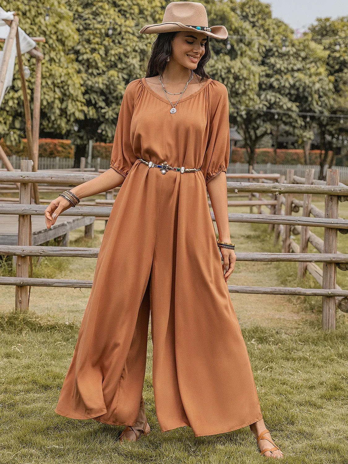 TEEK - Caramel Scoop Neck Half Sleeve Wide Leg Jumpsuit