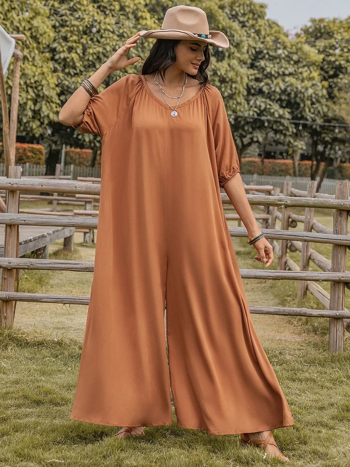 TEEK - Caramel Scoop Neck Half Sleeve Wide Leg Jumpsuit