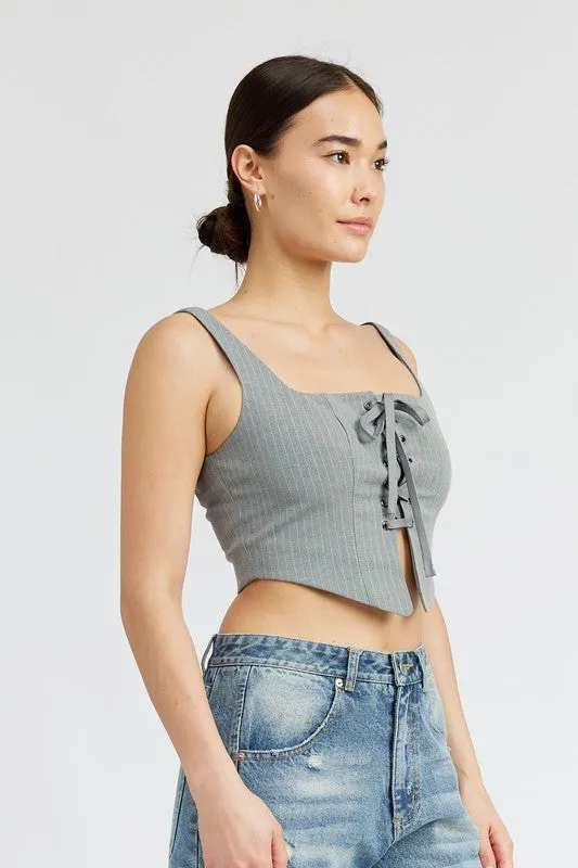 TEEK - GREY WHITE SQUARE NECK TOP WITH LACE UP FRONT