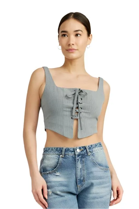 TEEK - GREY WHITE SQUARE NECK TOP WITH LACE UP FRONT