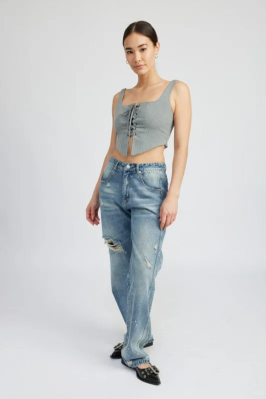 TEEK - GREY WHITE SQUARE NECK TOP WITH LACE UP FRONT