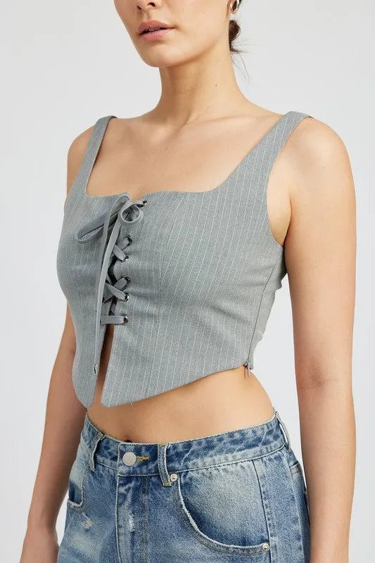 TEEK - GREY WHITE SQUARE NECK TOP WITH LACE UP FRONT