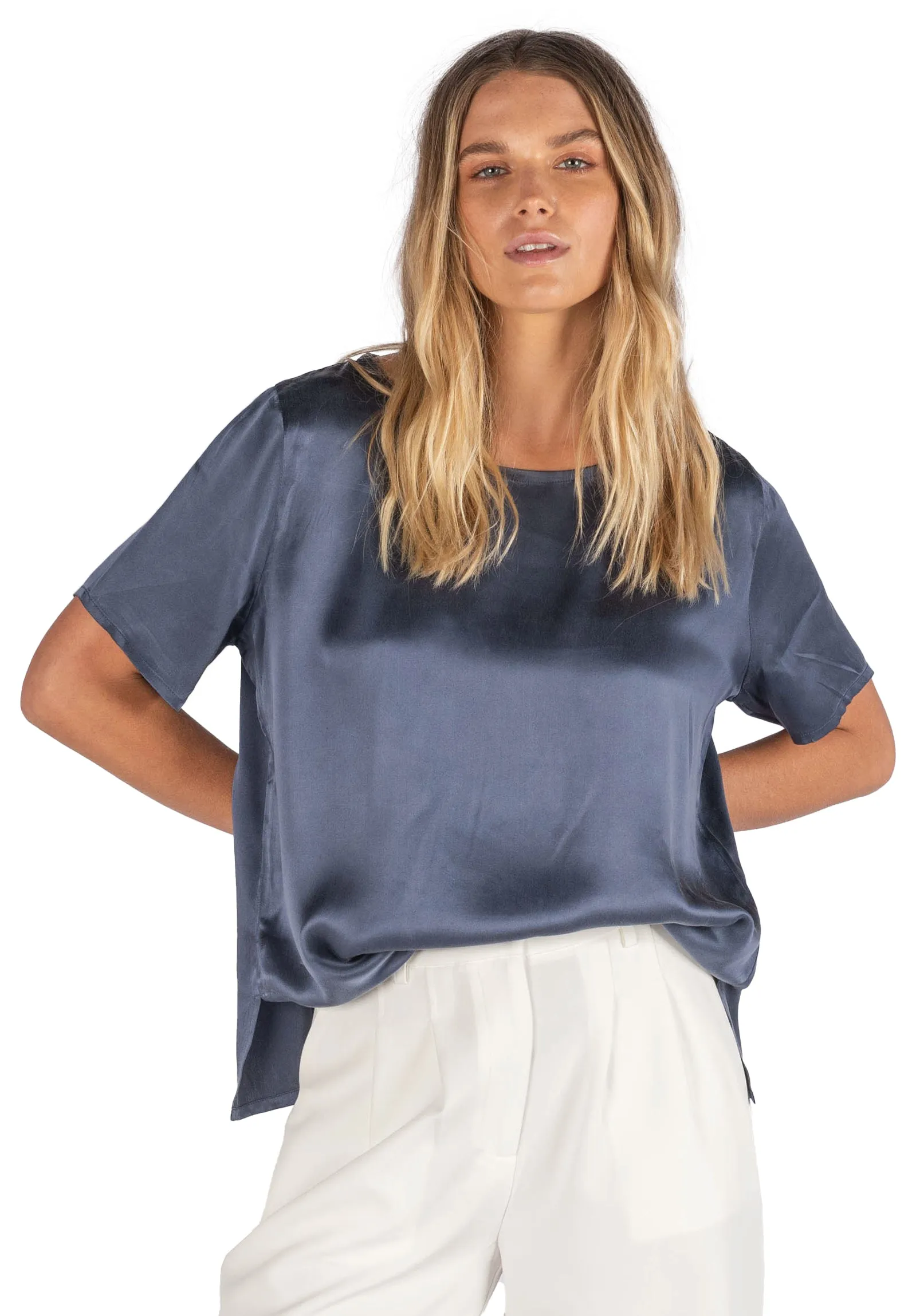 Teena-Satin Avio Blue 100% SIlk T-Shirt