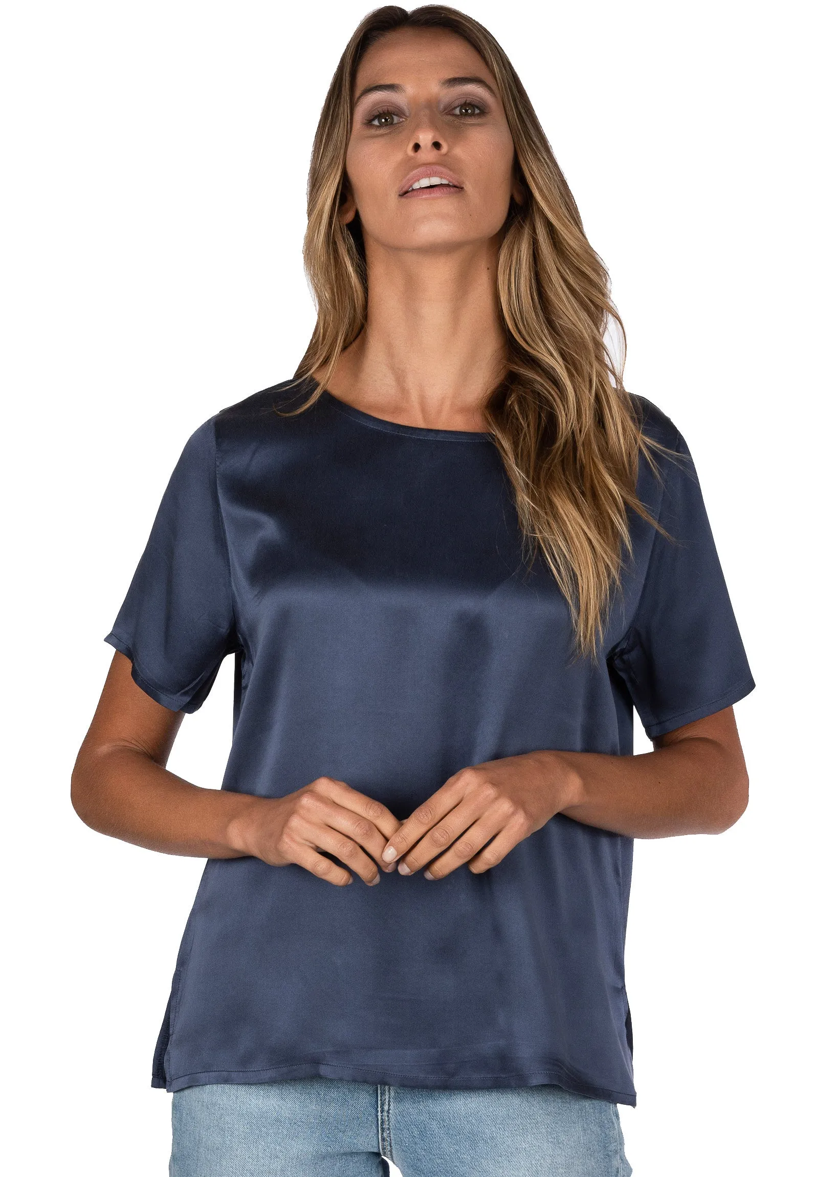 Teena-Satin Avio Blue 100% SIlk T-Shirt