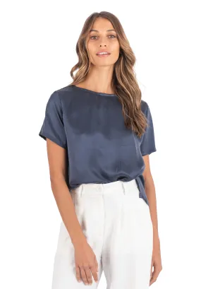 Teena-Satin Avio Blue 100% SIlk T-Shirt