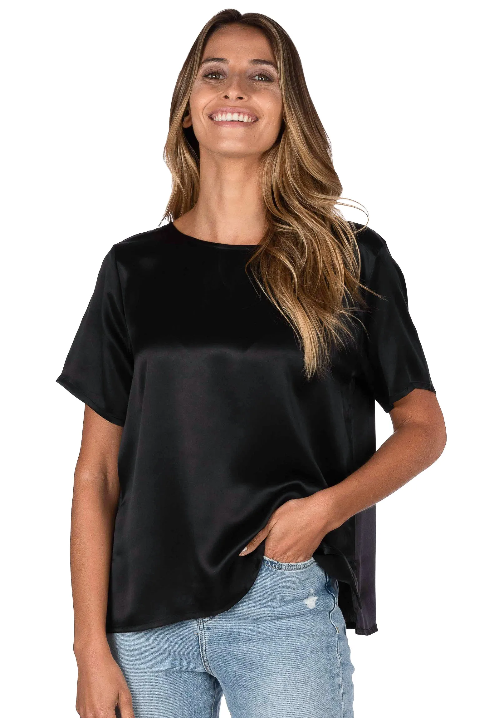 Teena-Satin Black 100% Silk T-Shirt