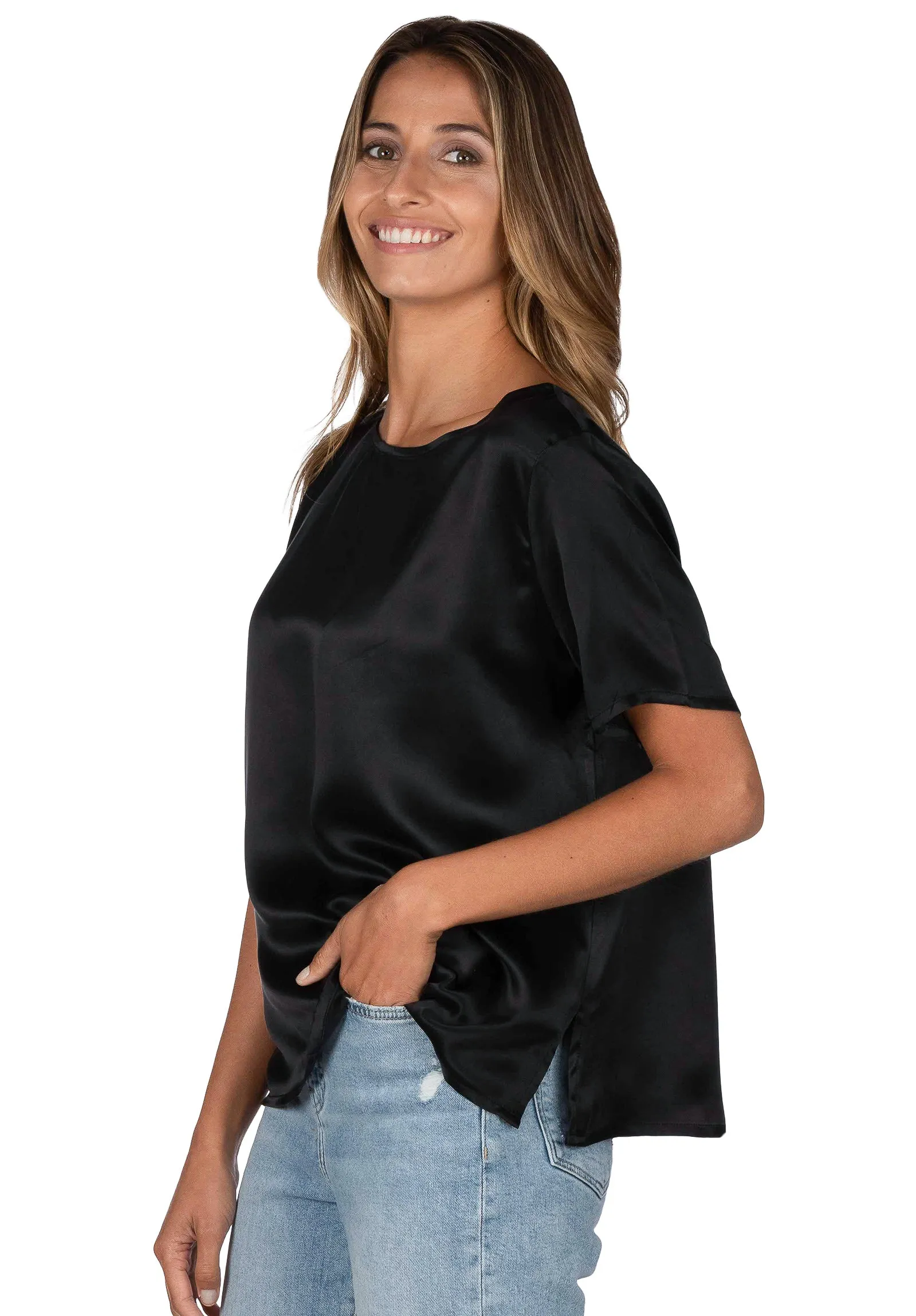 Teena-Satin Black 100% Silk T-Shirt