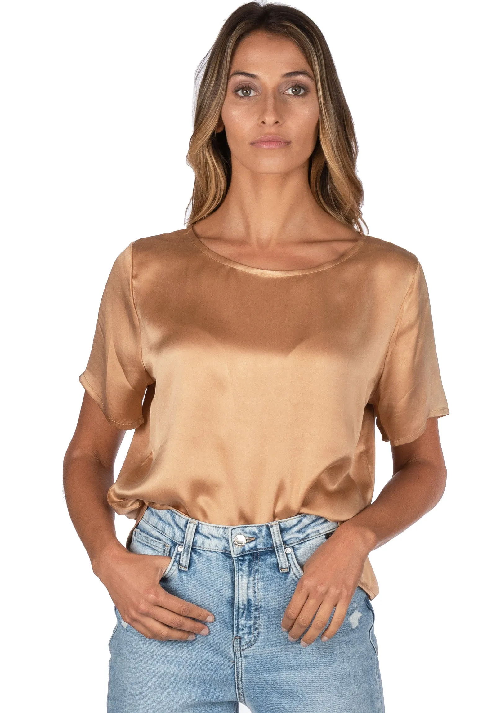 Teena-Satin Tan 100% Silk T-Shirt