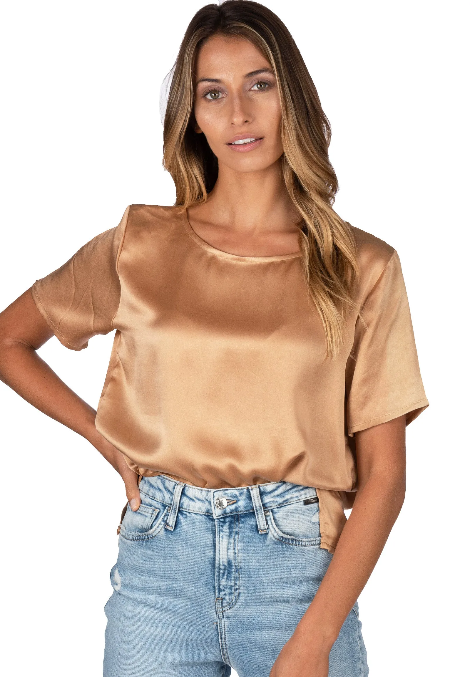 Teena-Satin Tan 100% Silk T-Shirt