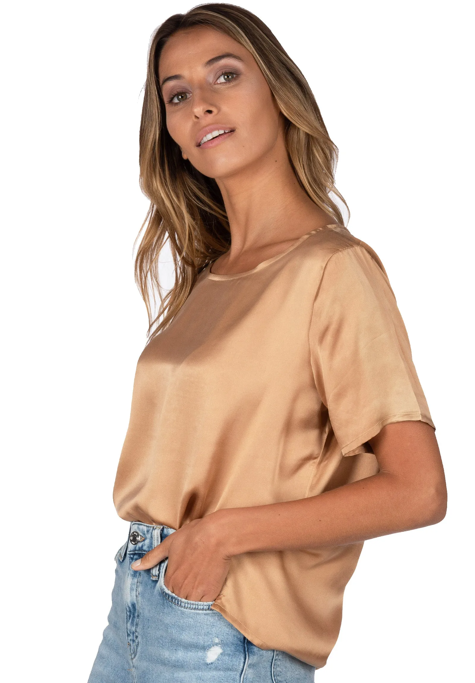 Teena-Satin Tan 100% Silk T-Shirt